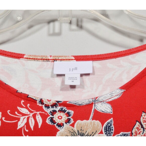 J. Jill Red Floral Stretchy Midi Pullover Sun T Shirt Swing Dress Pockets Sz M - Picture 3 of 4